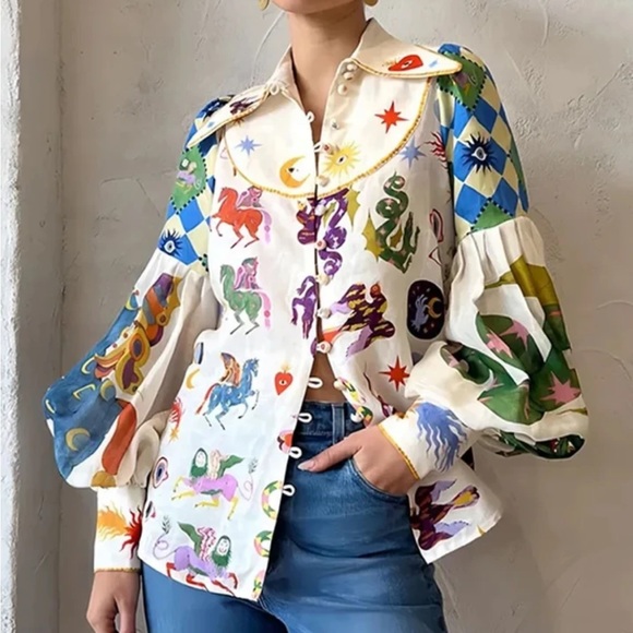 unbranded Tops - Whimsical Zodiac Print Cream Button-Up Blouse